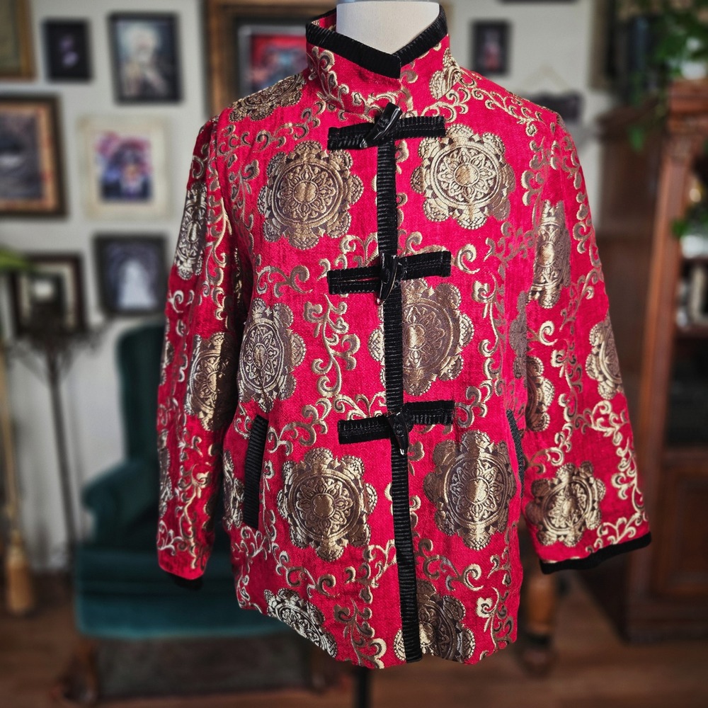 Qingguonushen Red Gold Brocade Jacket Vintage Style Frog Closure Quilted Coat XL - Picture 2 of 6